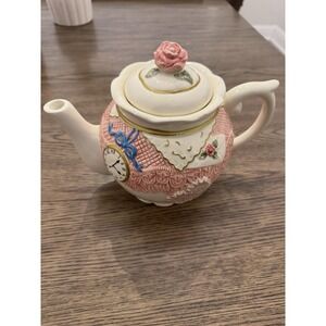 1990s Seymour Mann Ceramic Teapot w/ Floral Clock Bow Rose Design
